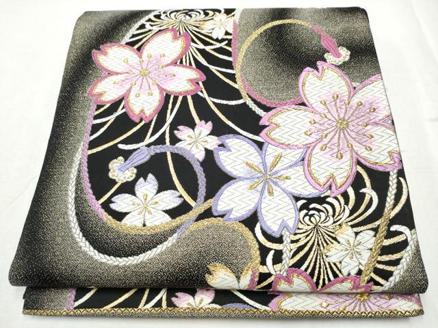 平和屋着物●六通柄袋帯　唐織　舞花文　黒地　金糸　　正絹　逸品　CABD5992hy｜平和屋
