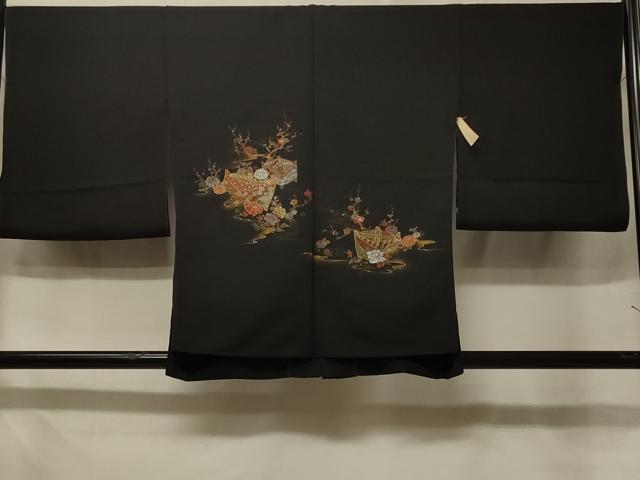 長閑やかさ屋御召しもの＃羽織 仮絵羽 寿光織 糸巻き被子植物文 黒地 現ナマ糸 正絹 珠玉 未当て嵌める CABE5357インチ