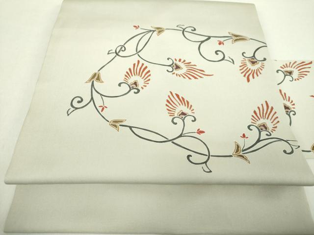 平和屋着物●塩瀬　九寸名古屋帯　刺繍　更紗花文　金彩　正絹　逸品　DABA1827ps｜平和屋