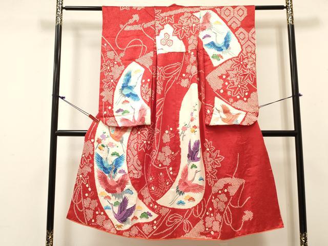 平和屋着物[]七五三　女の子　７歳　祝着　四つ身　絞り　飛鶴　松竹梅　金彩　逸品　DABC5439ma｜平和屋