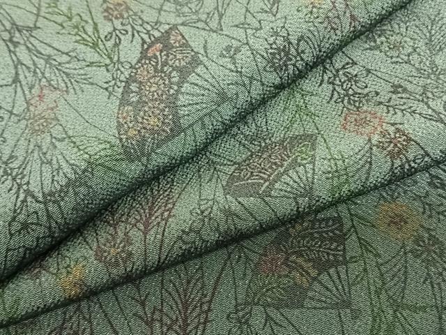 長閑やかさ屋御召しもの●飛び切りな小紋 型染め 扇子花文 鬼しぼクレープ 正絹 珠玉 AABF5533fy