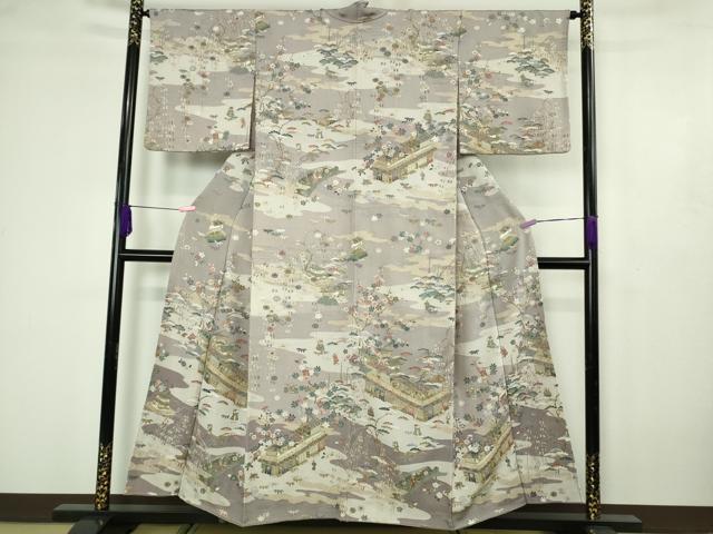 平和屋本店●極上　中国三大刺繍 汕頭刺繍　スワトウ刺繍　総刺繍　人物風景花文　薄色地　暈し染め　鬼しぼ縮緬　金糸　逸品　DZAB4617kh6｜平和屋