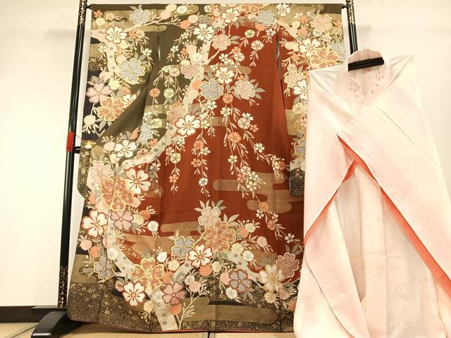 長閑やかさ屋御召しもの●晴れ晴れしい振袖・長襦袢(無双仕立てもの)仕掛ける 被子植物文 暈し染め 金彩 半衿刺しゅう 正絹 珠玉 AABG4652fy