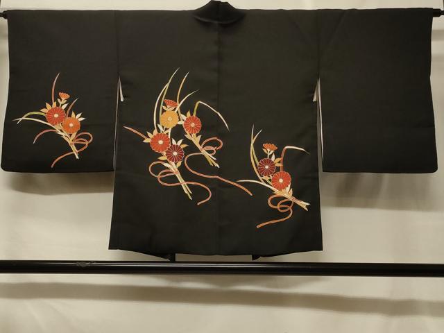 平和屋着物＃羽織　駒刺繍　草花文　黒地　金彩　正絹　逸品　CABF8813in｜平和屋