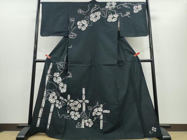 平和屋着物∴夏物 浴衣 訪問着 有松鳴海絞り 朝顔 竹垣文 黒地 綿 逸品 CABH1397ng|平和屋