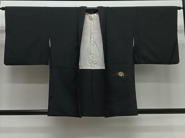 長閑やかさ屋御召しもの＃羽織 総刺しゅう 顕花植物文 黒地 金糸 正絹 珠玉 CABG3780ua