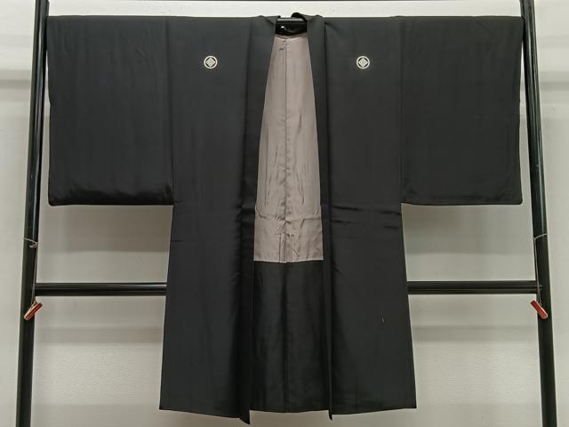 長閑やかさ屋御召しもの∞成人男性 長羽織 黒紋付 羽裏：利休うす茶色色 正絹 珠玉 CABG3793ua