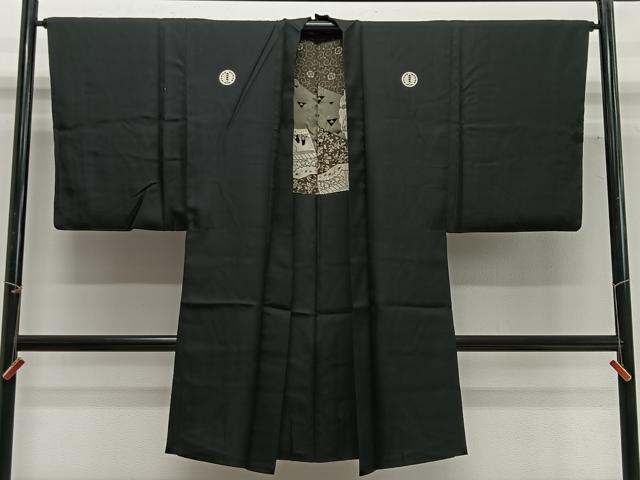 長閑やかさ屋お召しもの∞成人男性 長羽織 黒紋付 羽裏：重要人物文 正絹 珠玉 CABG3794ua