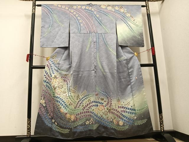 長閑やかさ屋御召しもの●短い訪問着 絵書き物 辻が花 絞り 暈し染め 銀通し地 正絹 珠玉 AABI7399ph
