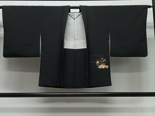 長閑やかさ屋御召しもの＃羽織 駒刺しゅう 鼓吉祥文 黒地 金彩 正絹 珠玉 CABG3812ua