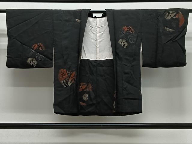長閑やかさ屋御召しもの＃羽織 寿光織 顕花植物丸文 黒地 金糸 正絹 珠玉 CABG3818ua