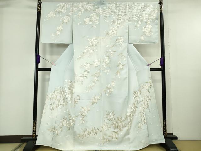 長閑やかさ屋中央局●御前上等 短い訪問着 総手刺しゅう 枝垂れ桜 藍白いこと地 暈し染め 金糸 珠玉 未当て嵌める DZAB6323kh6