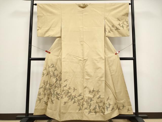 長閑やかさ屋御召しもの●短い訪問着 紬地 群鳥 正絹 珠玉 CABG3347tx