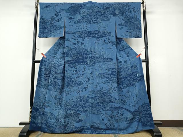 長閑やかさ屋御召しもの●短い訪問着 藍 見晴らし顕花植物文 鬼しぼクレープ 正絹 珠玉 CABG5531ut