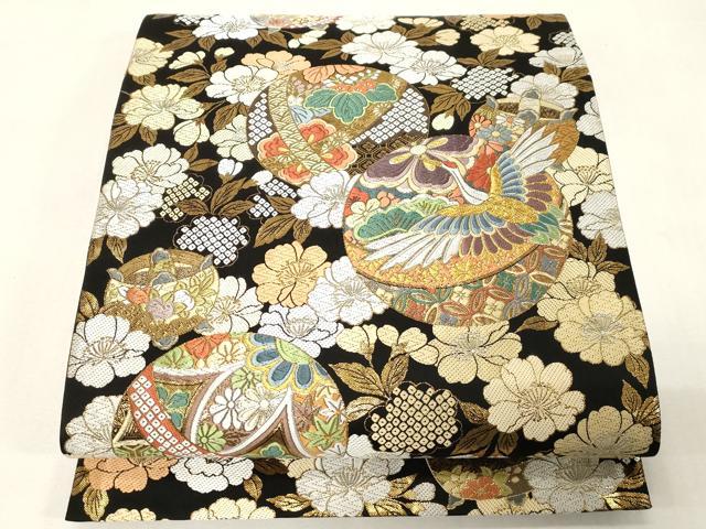長閑やかさ屋御召しもの●六通柄袋帯 唐織 有職花宴文 黒地 金糸 正絹 珠玉 CABG9474dy