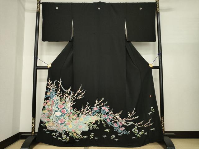 平和屋着物●本加賀友禅作家　染元千紅代表　寺西一紘　黒留袖　短冊花篭文　正絹　逸品　AABI7588ck｜平和屋