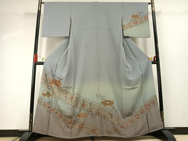 長閑やかさ屋御召しもの●短い訪問着 中国三大刺しゅう 汕頭刺繍 スワトウ刺しゅう 総刺しゅう 西洋紙花文 暈し染め 金糸 正絹 珠玉 AABJ4094fy