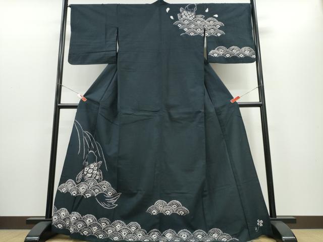 平和屋着物∴夏物 浴衣 訪問着 有松鳴海絞り 鯉の滝登り 黒地 綿 逸品 CABH1393ng|平和屋