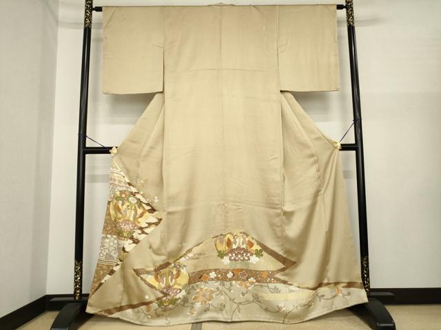 長閑やかさ屋御召しもの●色留短い訪問着 駒刺しゅう 向こうっ面鳥更紗花文 金彩 三越取りまわし 正絹 珠玉 AABI7597ck