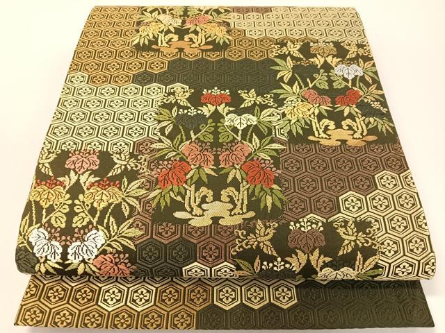平和屋着物●六通柄袋帯　唐織　亀甲桐花文　金糸　正絹　逸品　CABG1631vp｜平和屋