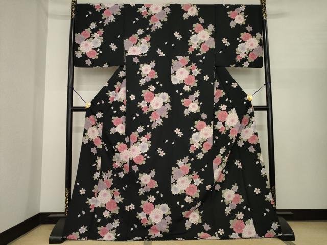平和屋着物●小紋　舞花文　黒地　ロング丈　洗える着物　AABI8204ck｜平和屋