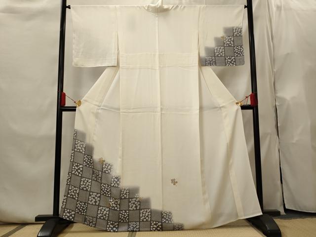 平和屋着物▽訪問着 単衣 刺繍 市松花文 金糸 正絹 逸品 AABI0201st|平和屋