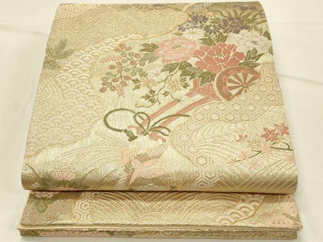 長閑やかさ屋お召しもの◎六通柄袋帯 道長花鳥文 金糸 正絹 珠玉 DABE3908qp