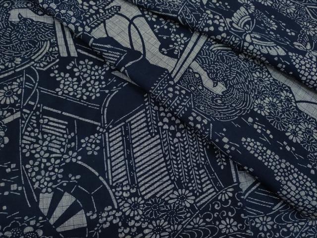 平和屋着物&there4;夏物　浴衣　注染　御所車舞蝶草花文　手縫い　綿　逸品　CABH7879ze｜平和屋