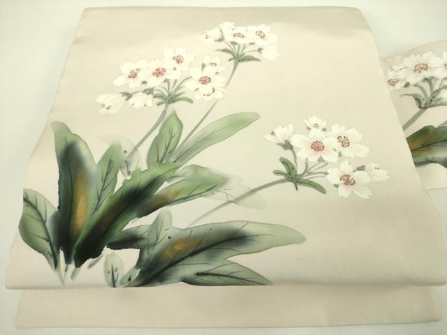 長閑やかさ屋御召しもの●塩瀬 九寸名古屋帯 絵書き物 墨付き 顕花植物文 金彩 正絹 珠玉 DABB7678op