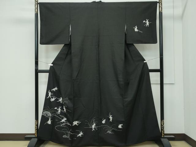 長閑やかさ屋中央局●飛び切り 短い訪問着 紬地 中国三大刺しゅう 総相良刺しゅう 黒地 やまと誂製 珠玉 CZAA4899s6