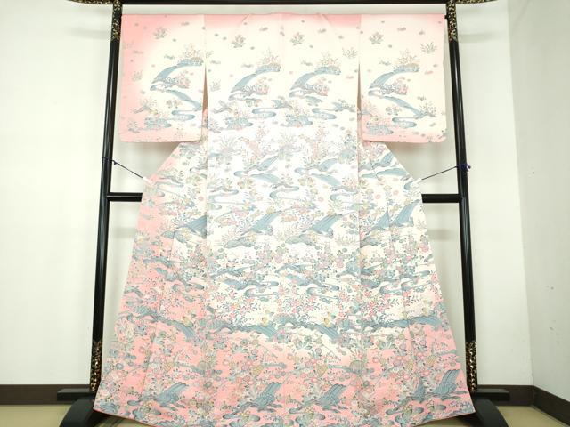 長閑やかさ屋お召しもの●短い訪問着 友禅 立波花文 暈し染め 正絹 珠玉 DABB4568ps 和服-レディースファッション-着物