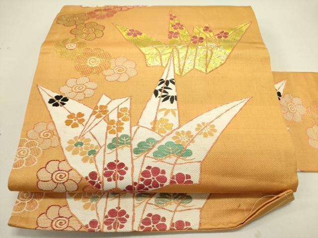 平和屋着物●アンティーク　大正ロマン　九寸名古屋帯　折鶴花文　金糸　正絹　逸品　DABE1825op｜平和屋
