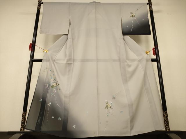 長閑やかさ屋お召しもの＊夏物 短い訪問着 絽 被子植物文 暈し染め 銀彩 正絹 珠玉 AABH9369jd 和服-着物
