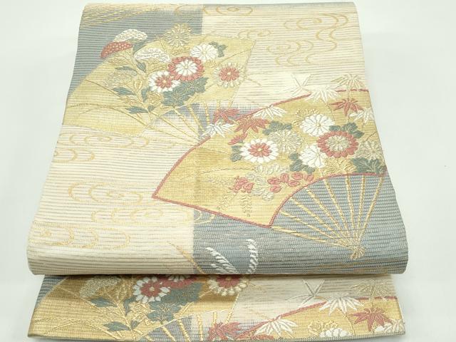 長閑やかさ屋御召しもの＊夏物 六通柄袋帯 絽綴れ 網代木 市松扇子秋草文 金糸 正絹 珠玉 CABF4752rv