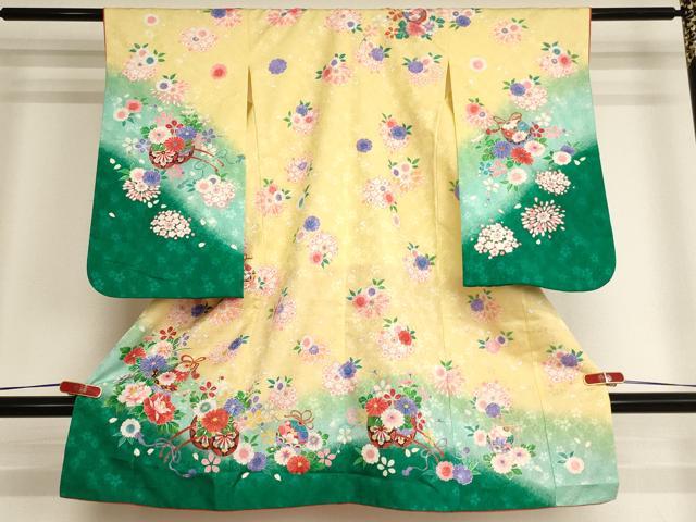 長閑やかさ屋御召しもの[]七五三 御嬢さん ３歳 祝着 参身 鈴花文 暈し染め 金彩 AABI2740ja