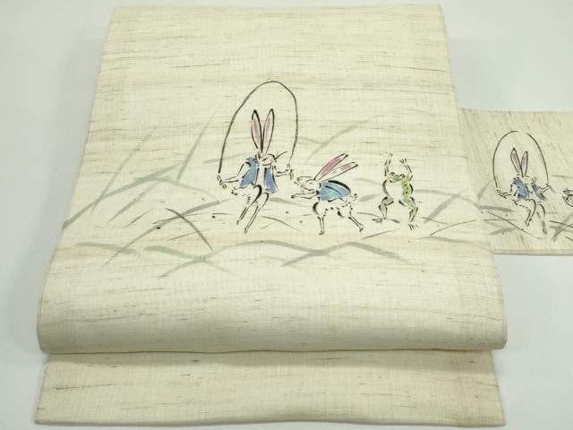 平和屋着物*夏物 九寸名古屋帯 手描き 鳥獣戯画 麻 逸品 CABG7354rv|平和屋