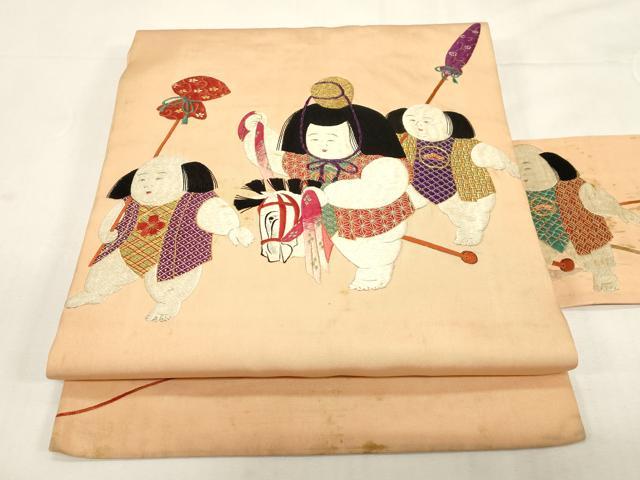 平和屋着物●アンティーク　大正ロマン　九寸名古屋帯　総手刺繍　童子　正絹　逸品　CABF6331dy｜平和屋