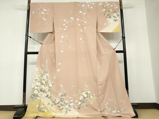 長閑やかさ屋御召しもの●短い訪問着 友禅 被子植物文 暈し染め ロング丈 正絹 珠玉 未当て嵌める DABD9779ud