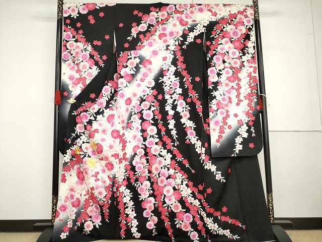 平和屋着物●豪華振袖 駒刺繍 枝垂れ花文 暈し染め 黒地 金彩 正絹 逸品 AABG7959cs