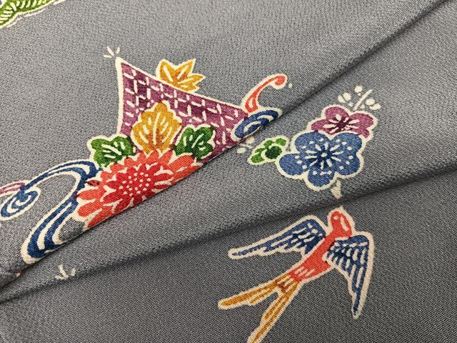 平和屋着物●上質な小紋 型染め 花鳥文 鬼しぼ縮緬 正絹 逸品 未使用 AABH2035ph|平和屋