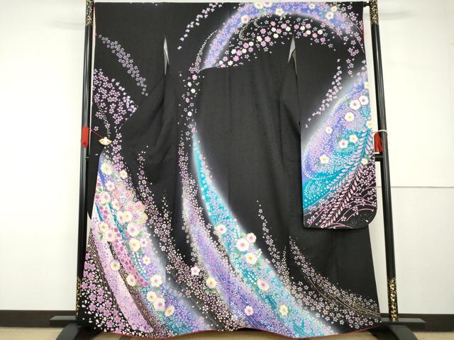 平和屋着物●豪華振袖　辻が花　暈し染め　黒地　金彩　鈴乃屋扱い　正絹　逸品　AABG7894cs｜平和屋