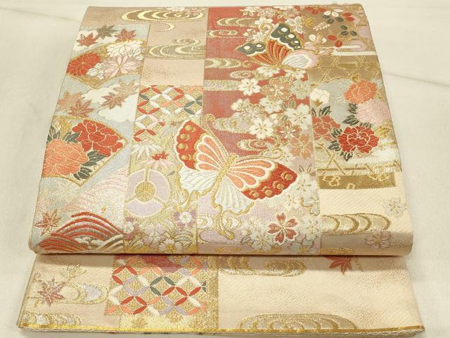 長閑やかさ屋お召しもの◎佐賀錦 六通柄袋帯 唐織 花蝶文 金糸 正絹 珠玉 DABE3919qp