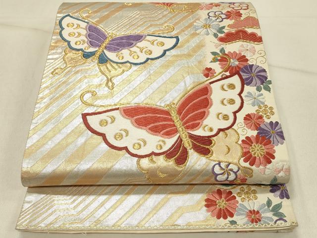 長閑やかさ屋お召しもの◎六通柄袋帯 唐織 花蝶文 現ナマ糸 正絹 珠玉 DABE3923qp