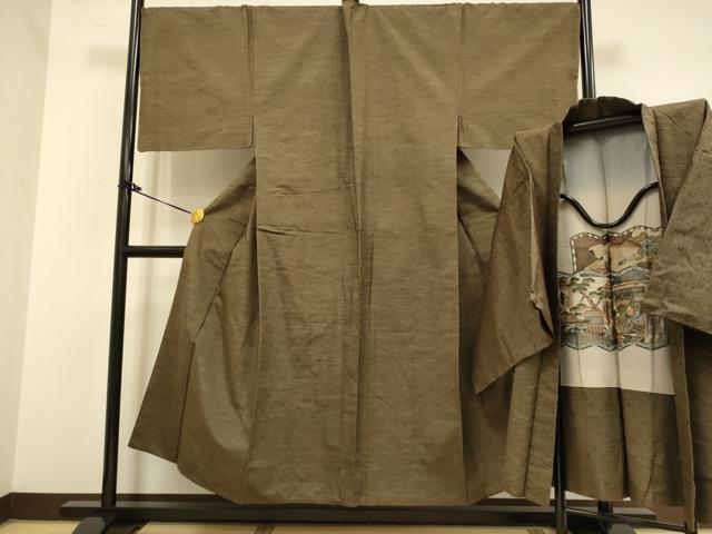 長閑やかさ屋御召しもの■御前上等 成人男性 紬 合奏団 キングサイズ 長羽織・髭紬 濃縮された黄枯茶色 珠玉 DZAB2708kh6
