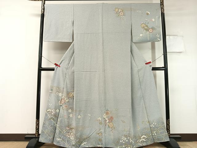 長閑やかさ屋お召しもの●短い訪問着 松竹梅冊子本花文 たたき染め 金彩 正絹 珠玉 CABC9654vp