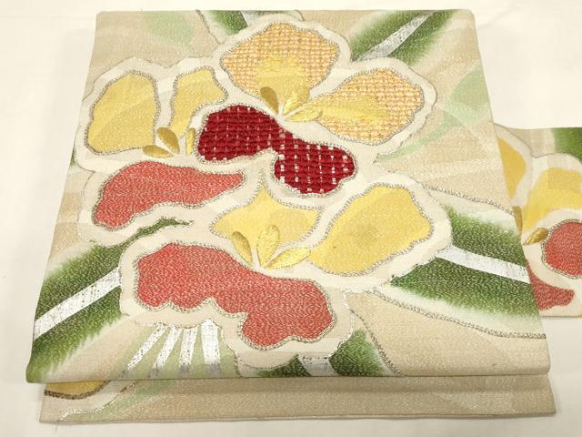 平和屋着物●アンティーク　大正ロマン　九寸名古屋帯　駒刺繍　草花文　金銀糸　正絹　逸品　CABF6332dy｜平和屋