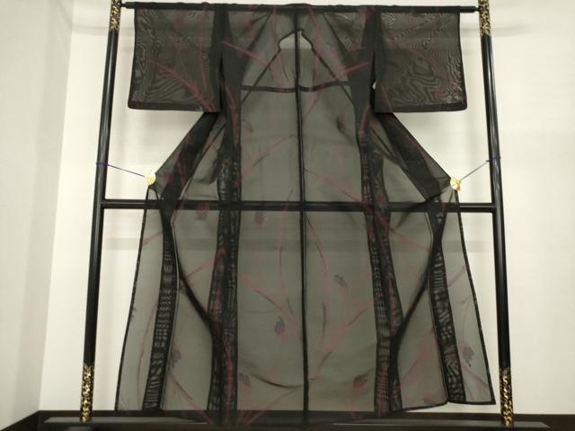 長閑やかさ屋御召しもの＊夏物 小紋 風通紗 チューリップ 黒地 銀糸 正絹 珠玉 AABI7113ck
