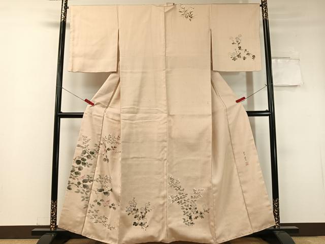 長閑やかさ屋お召しもの●染めつける書き手 桐山紫香 手書き 短い訪問着 生紬 被子植物文 正絹 珠玉 CABC9658vp レディースファッション-着物-和服