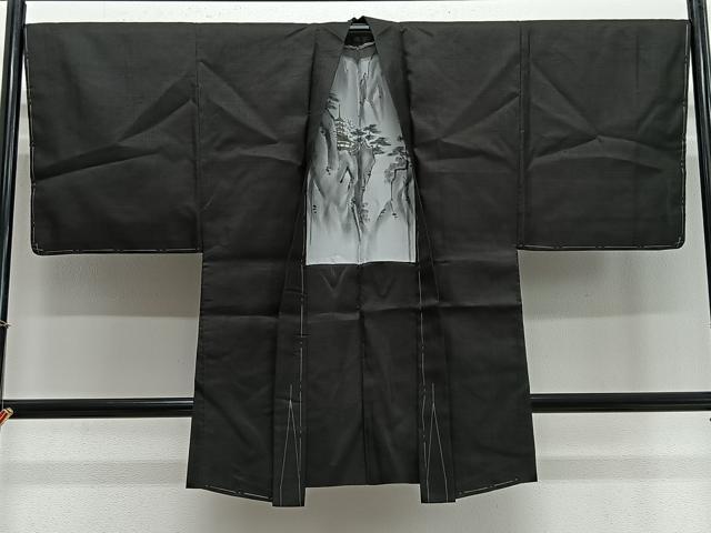 平和屋着物&infin;男性　長羽織　紬地　黒色　正絹　逸品　CABE4986ua｜平和屋
