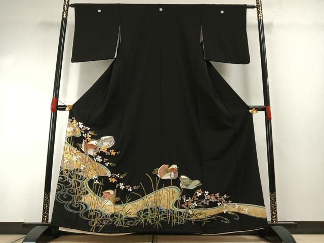 平和屋着物●豪華黒留袖　友禅　駒刺繍　流水花鳥文　金彩　正絹　逸品　AABH0689fy｜平和屋